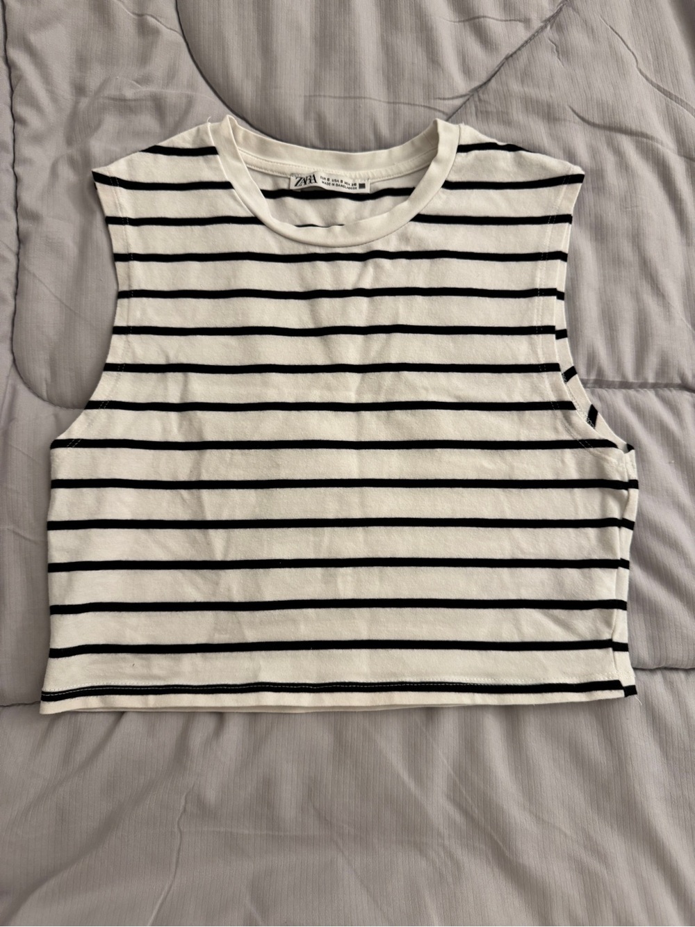 Zara Black and White Striped Crewneck Crop Top